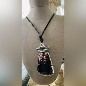 Chico’s Silver Pendant With Double Black Cord Necklace 
36”